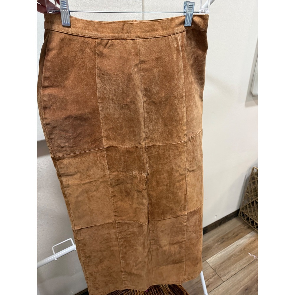 S.M. Tan Suede Patchwork Midi skirt Size 8 High Waist NEEDS REPAIRS - Picture 4 of 5